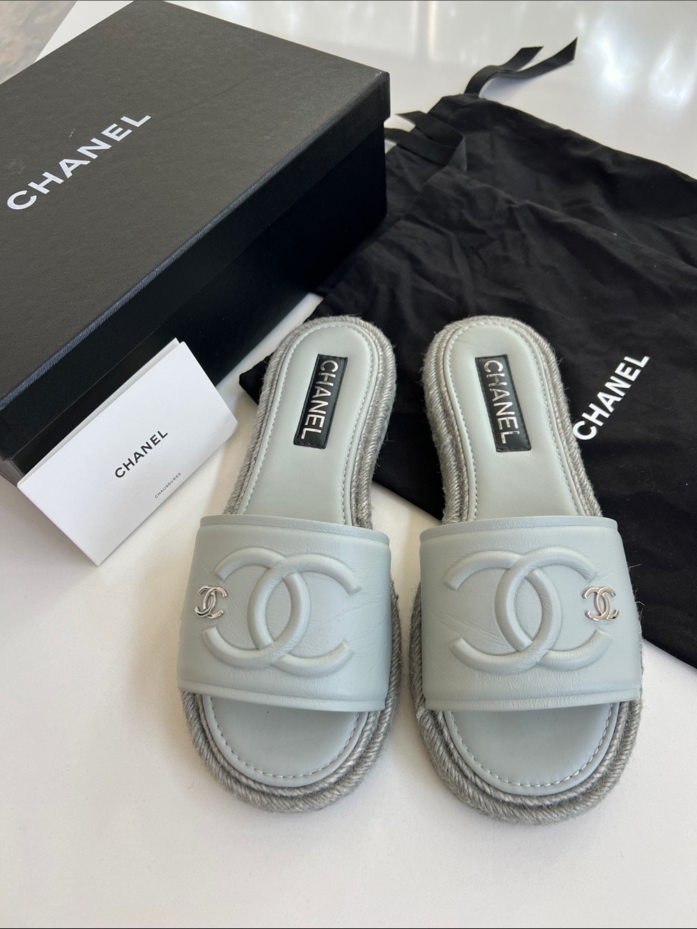 CHANEL light blue leather open toe flat CC sandals espadrilles braided jute 40C
